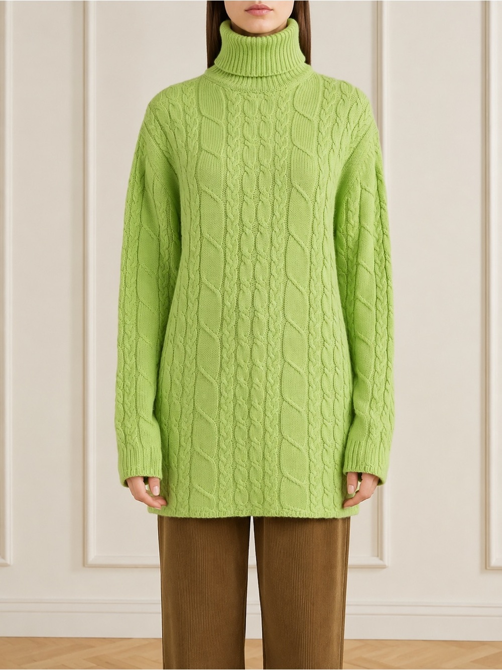 Henri Bendel 100% Cashmere Cable Knit Turtleneck Sweater Tunic Lime Green L